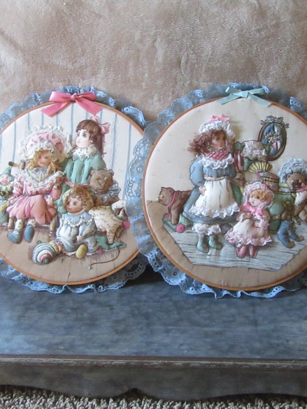 Vintage 3-dimensional fiber art hoops; dolls, jester, teddy bear theme